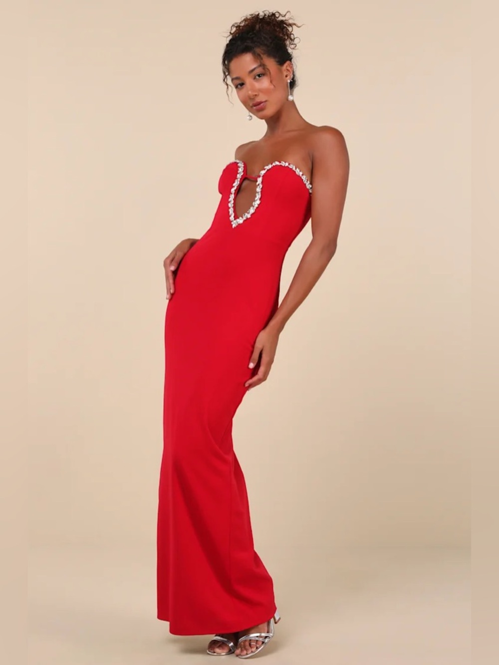 Lulus Sensational Luxury Red Rhinestone Cutout Strapless Maxi Dress Size XS NWT